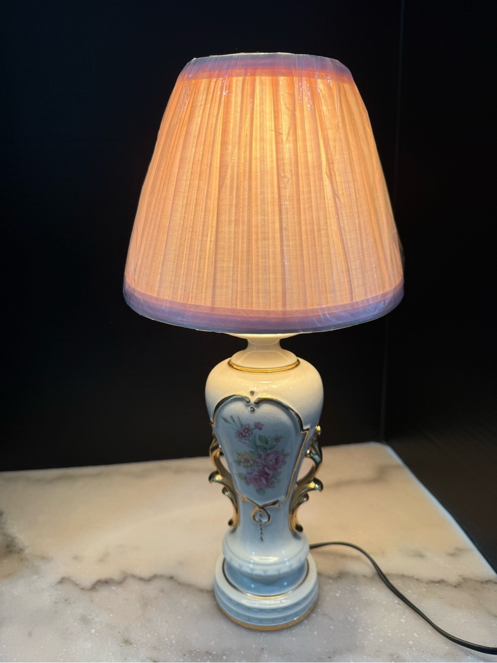 Vintage Mid Century Ceramic Lamp Floral with Gold Trim Pink Shade